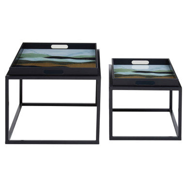 Set of 2 Multicolour Agate Effect Removable Tray Tops Nesting Side Tables with Black Metal Frames | Celina