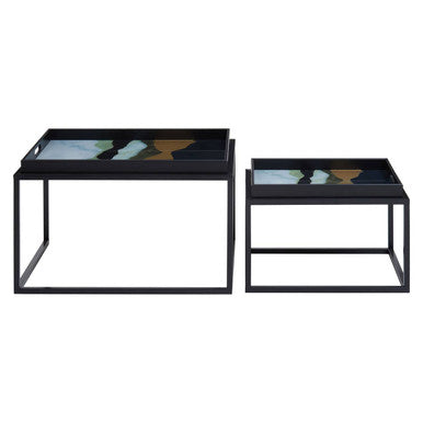 Set of 2 Multicolour Agate Effect Removable Tray Tops Nesting Side Tables with Black Metal Frames | Celina