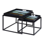 Set of 2 Multicolour Agate Effect Removable Tray Tops Nesting Side Tables with Black Metal Frames | Celina