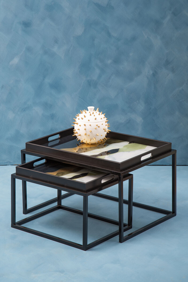 Set of 2 Multicolour Agate Effect Removable Tray Tops Nesting Side Tables with Black Metal Frames | Celina