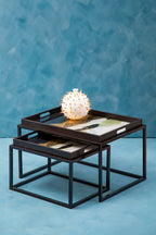 Set of 2 Multicolour Agate Effect Removable Tray Tops Nesting Side Tables with Black Metal Frames | Celina
