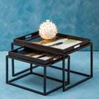 Set of 2 Multicolour Agate Effect Removable Tray Tops Nesting Side Tables with Black Metal Frames | Celina
