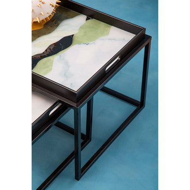 Set of 2 Multicolour Agate Effect Removable Tray Tops Nesting Side Tables with Black Metal Frames | Celina