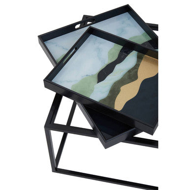 Set of 2 Multicolour Agate Effect Removable Tray Tops Nesting Side Tables with Black Metal Frames | Celina