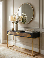 Balck Oak Wood Console Table with Sleek Brushed Gold Frame | Siena