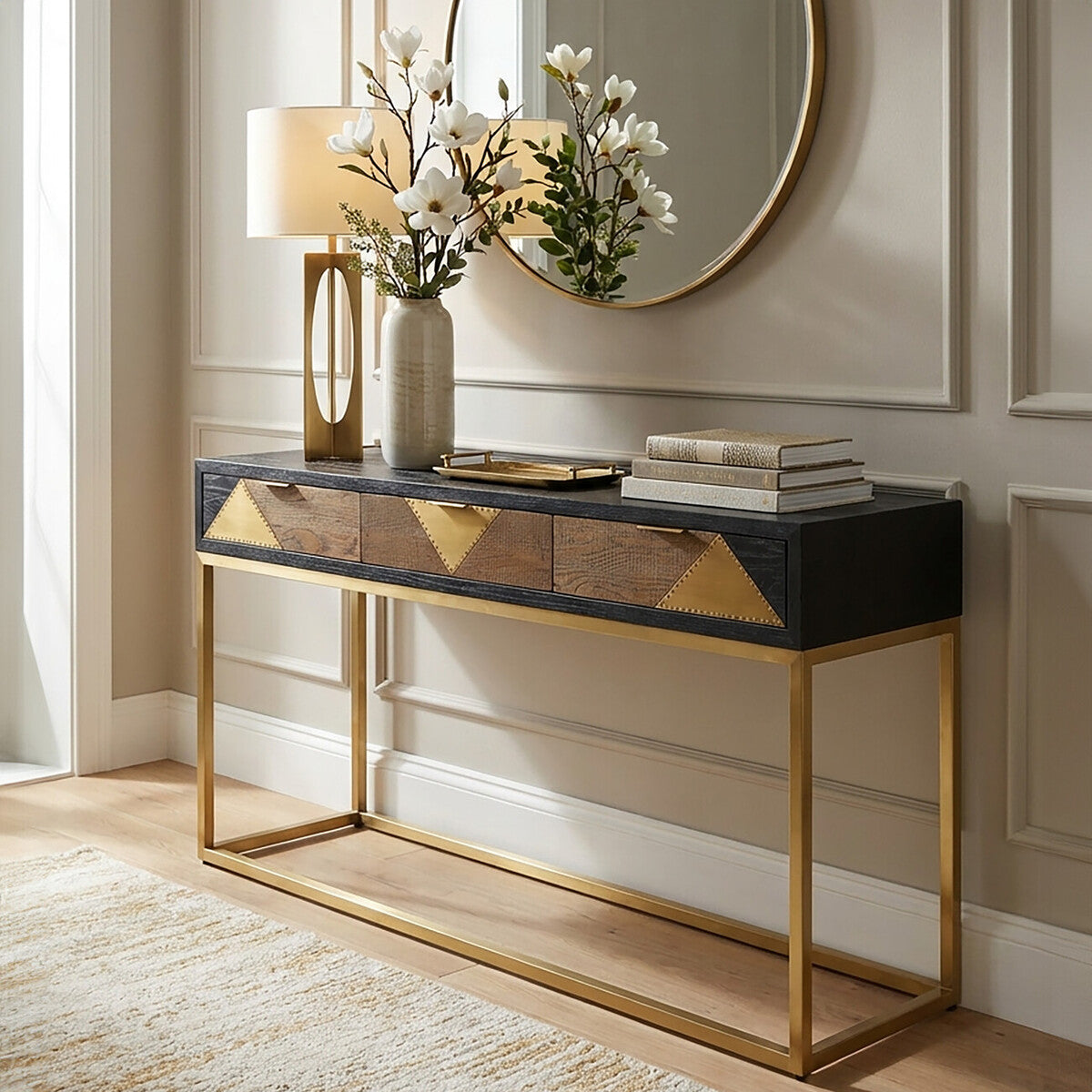 Balck Oak Wood Console Table with Sleek Brushed Gold Frame | Siena