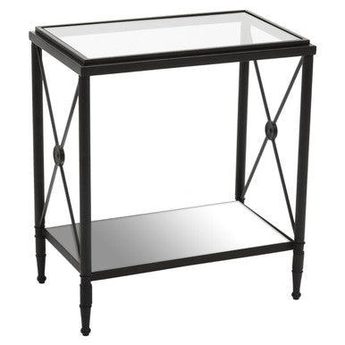 Black Metal Rectangular Frame Side Table with Two-Tier Clear Glass Shelves and Floral Motif, Axis