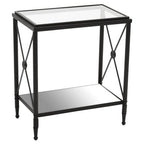 Black Metal Rectangular Frame Side Table with Two-Tier Clear Glass Shelves and Floral Motif, Axis