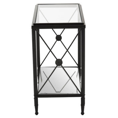 Black Metal Rectangular Frame Side Table with Two-Tier Clear Glass Shelves and Floral Motif, Axis