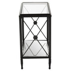 Black Metal Rectangular Frame Side Table with Two-Tier Clear Glass Shelves and Floral Motif, Axis