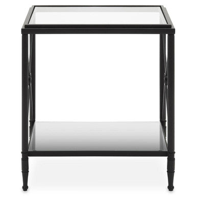 Black Metal Rectangular Frame Side Table with Two-Tier Clear Glass Shelves and Floral Motif, Axis
