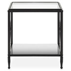 Black Metal Rectangular Frame Side Table with Two-Tier Clear Glass Shelves and Floral Motif, Axis
