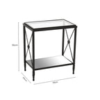 Black Metal Rectangular Frame Side Table with Two-Tier Clear Glass Shelves and Floral Motif, Axis