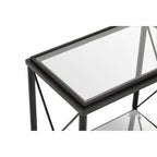 Black Metal Rectangular Frame Side Table with Two-Tier Clear Glass Shelves and Floral Motif, Axis