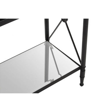 Black Metal Rectangular Frame Side Table with Two-Tier Clear Glass Shelves and Floral Motif, Axis