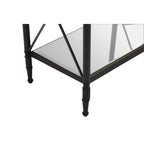 Black Metal Rectangular Frame Side Table with Two-Tier Clear Glass Shelves and Floral Motif, Axis