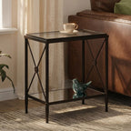 Black Metal Rectangular Frame Side Table with Two-Tier Clear Glass Shelves and Floral Motif, Axis