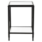Black Metal Square Frame Side Table with Two-Tier Clear Glass Shelves and Floral Motif, Axis