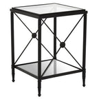 Black Metal Square Frame Side Table with Two-Tier Clear Glass Shelves and Floral Motif, Axis