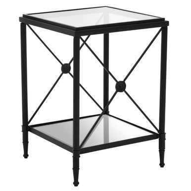 Black Metal Square Frame Side Table with Two-Tier Clear Glass Shelves and Floral Motif, Axis