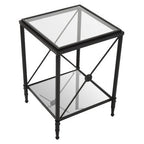 Black Metal Square Frame Side Table with Two-Tier Clear Glass Shelves and Floral Motif, Axis