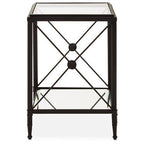 Black Metal Square Frame Side Table with Two-Tier Clear Glass Shelves and Floral Motif, Axis