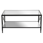 Black Finish Metal Frame Coffee Table with Two-Tier Glass Shelves and X-Shaped Sides Design, Axis