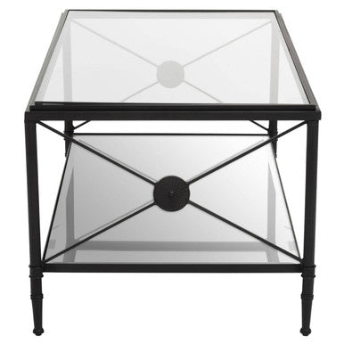 Black Finish Metal Frame Coffee Table with Two-Tier Glass Shelves and X-Shaped Sides Design, Axis