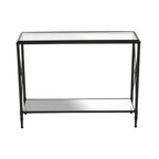 Black Metal Frame Console Table with Two-Tier Clear Glass Shelves and Floral Motif, Axis