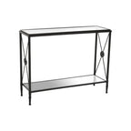 Black Metal Frame Console Table with Two-Tier Clear Glass Shelves and Floral Motif, Axis