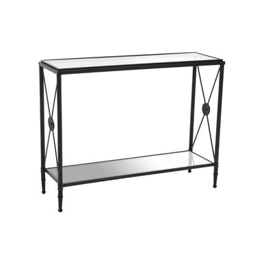Black Metal Frame Console Table with Two-Tier Clear Glass Shelves and Floral Motif, Axis