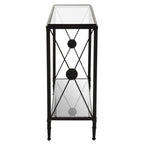Black Metal Frame Console Table with Two-Tier Clear Glass Shelves and Floral Motif, Axis