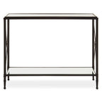 Black Metal Frame Console Table with Two-Tier Clear Glass Shelves and Floral Motif, Axis