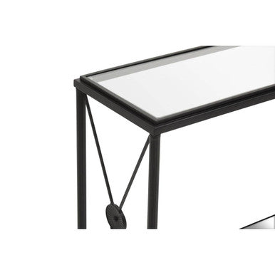 Black Metal Frame Console Table with Two-Tier Clear Glass Shelves and Floral Motif, Axis