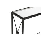 Black Metal Frame Console Table with Two-Tier Clear Glass Shelves and Floral Motif, Axis