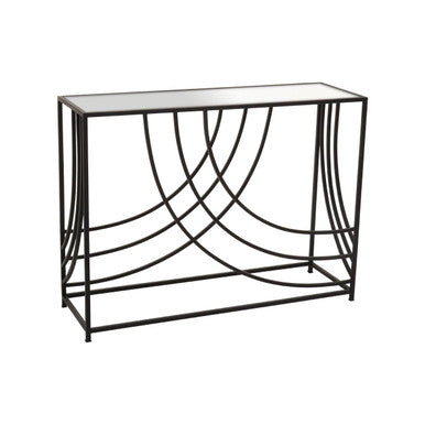 Clear Mirrored Glass Top Console Table with Black Curved Line Open Frame, Logan
