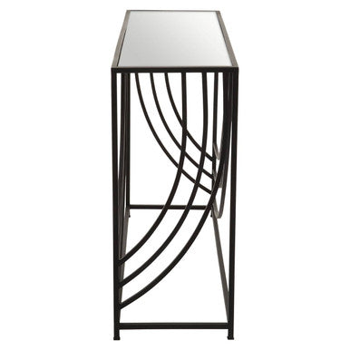 Clear Mirrored Glass Top Console Table with Black Curved Line Open Frame, Logan