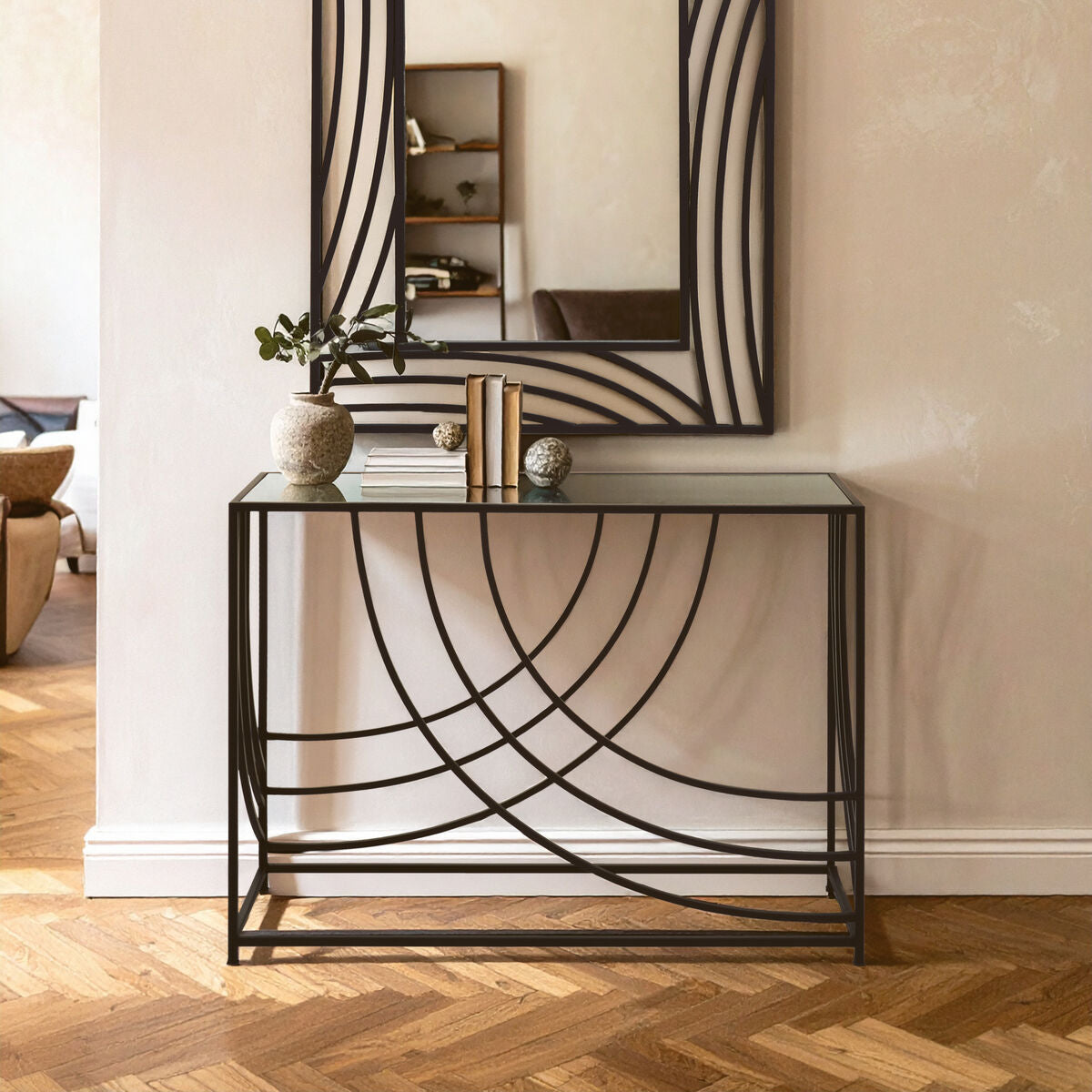 Clear Mirrored Glass Top Console Table with Black Curved Line Open Frame, Logan