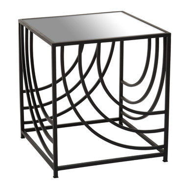 Clear Mirrored Glass Top Side Table with Black Curved Line Open Frame, Logan
