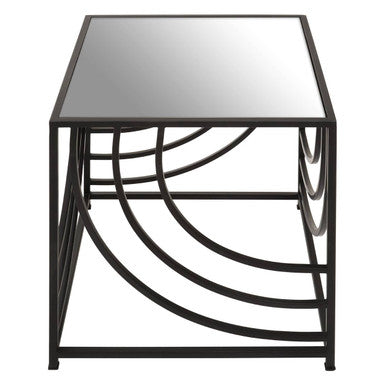 Clear Mirrored Glass Top Side Table with Black Curved Line Open Frame, Logan