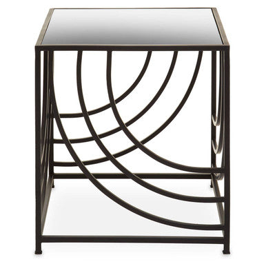 Clear Mirrored Glass Top Side Table with Black Curved Line Open Frame, Logan