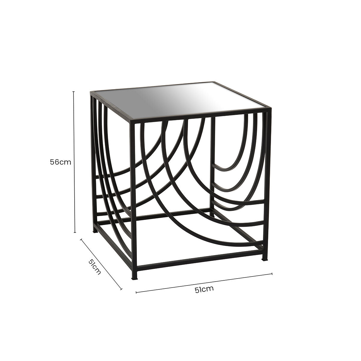 Clear Mirrored Glass Top Side Table with Black Curved Line Open Frame, Logan