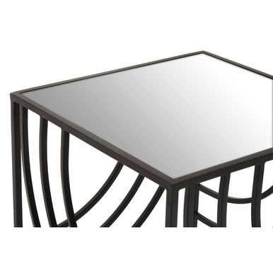Clear Mirrored Glass Top Side Table with Black Curved Line Open Frame, Logan