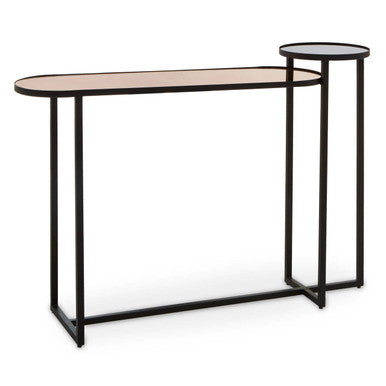 Smoked Mirror Top 2-Tier Console Table with Black Asymmetric Metal Frame | Cercle