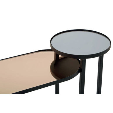 Smoked Mirror Top 2-Tier Console Table with Black Asymmetric Metal Frame | Cercle