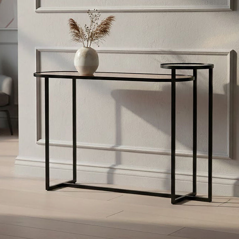 Smoked Mirror Top 2-Tier Console Table with Black Asymmetric Metal Frame | Cercle