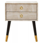 Natural Faux Shagreen Effect 2-Drawer Bedside Table with Gold Accents and Black Angular Legs | Cadio