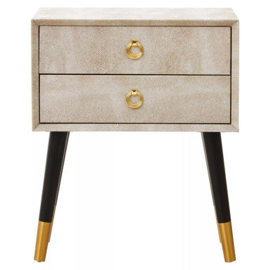 Natural Faux Shagreen Effect 2-Drawer Bedside Table with Gold Accents and Black Angular Legs | Cadio