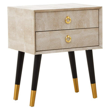 Natural Faux Shagreen Effect 2-Drawer Bedside Table with Gold Accents and Black Angular Legs | Cadio