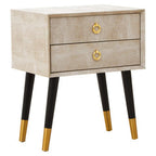 Natural Faux Shagreen Effect 2-Drawer Bedside Table with Gold Accents and Black Angular Legs | Cadio